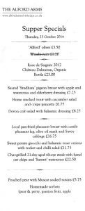 The Alford Arms menu - freefrom nuts, dairy, soya, wheat, celery and tomato