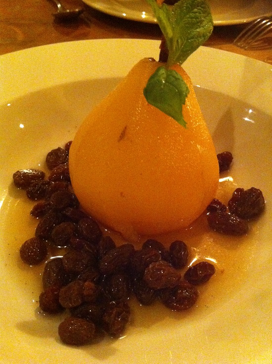 Poached pear with muscat soaked raisins