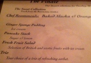 The freefrom puddings on the menu during our stay at Ravenstone Manor