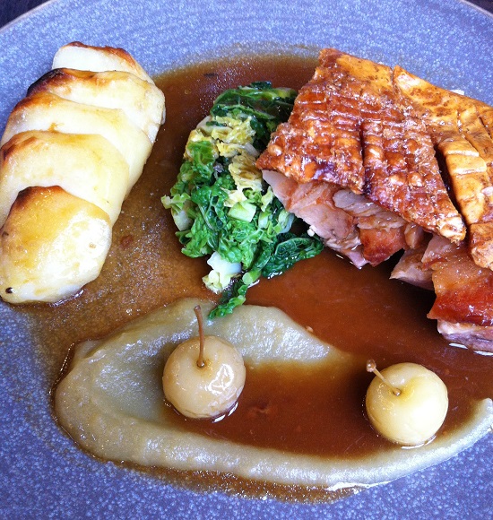 Gluten and Dairy free Pork Belly with crunchy crackling, pureed apple and mini crab apples