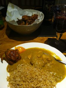 Homemade wheat and dairy free onion bhajis with ilumi cardamom curry and rice