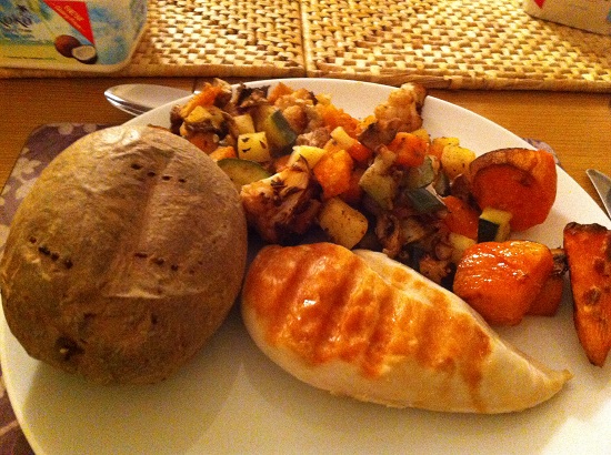 Roasted vegetables with seared chicken and oven baked jacket spud